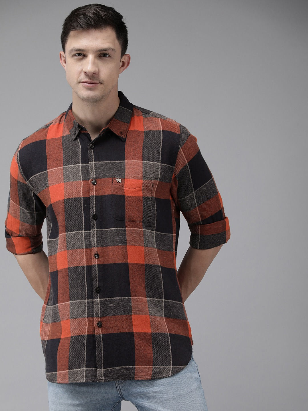 Krabi - Men Orange & Navy Blue Buffalo Checked Slim Fit Pure Cotton Casual Shirt