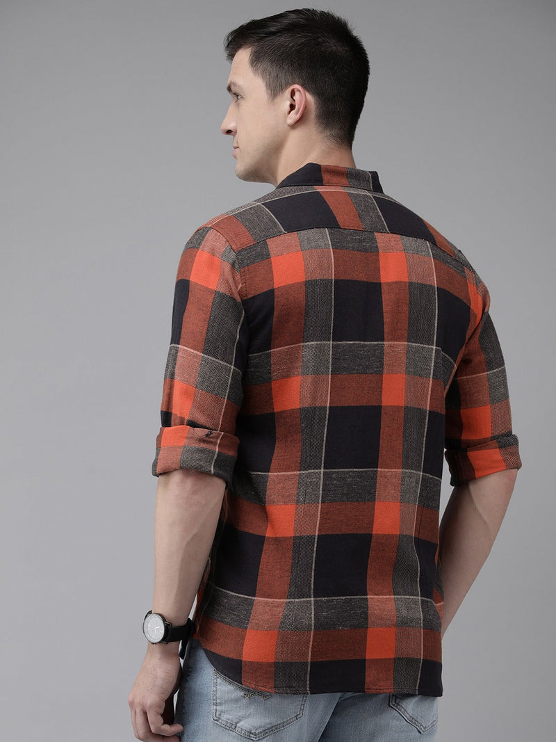 Krabi - Men Orange & Navy Blue Buffalo Checked Slim Fit Pure Cotton Casual Shirt