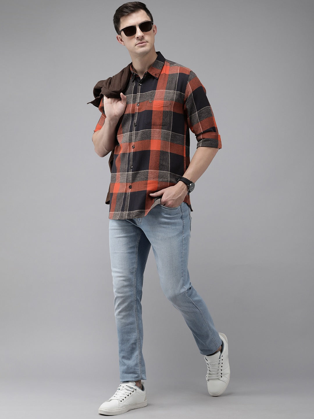 Krabi - Men Orange & Navy Blue Buffalo Checked Slim Fit Pure Cotton Casual Shirt