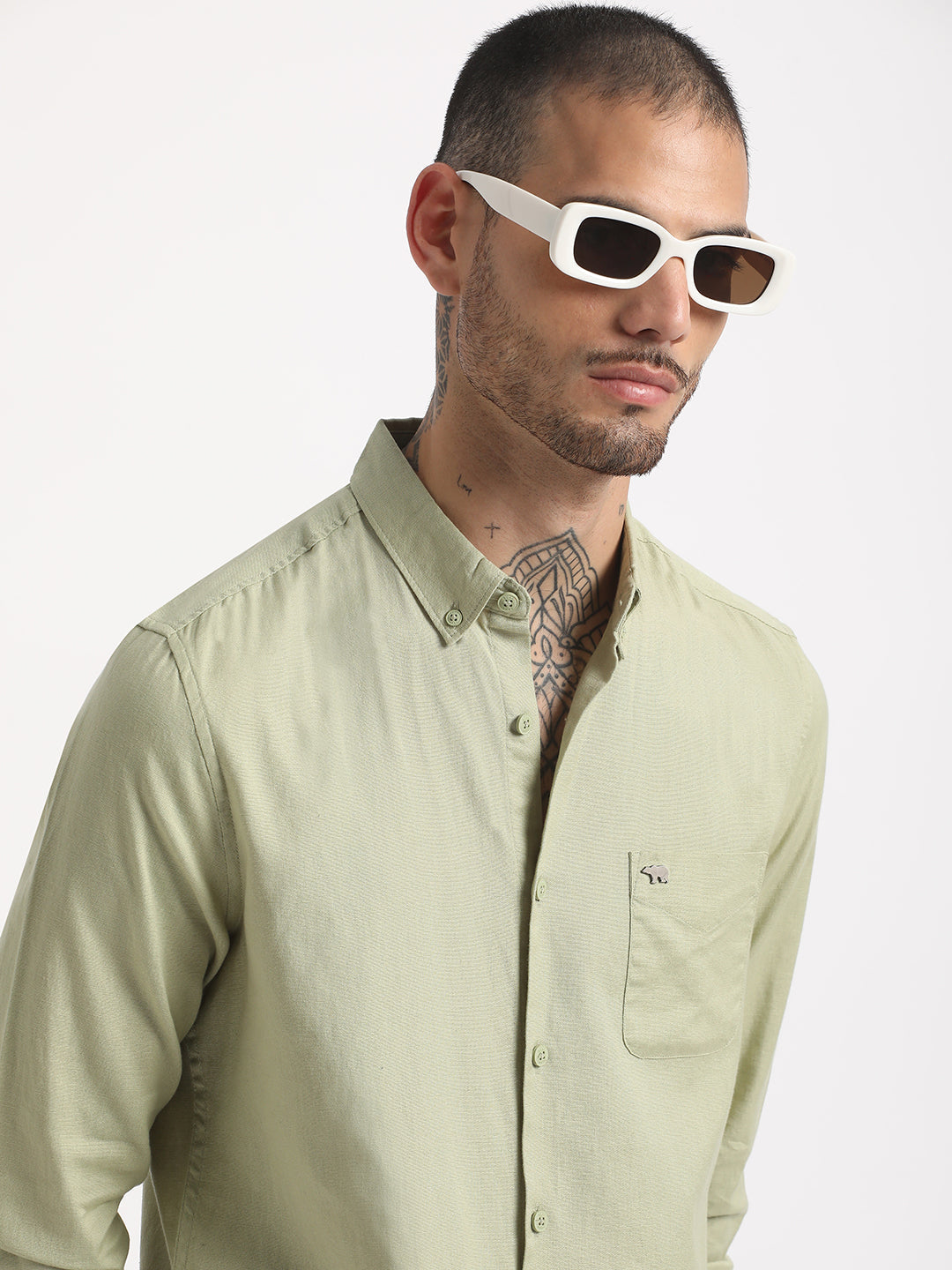 Laredo - Men Green Solid Slim Fit Cotton Linen Casual Shirt