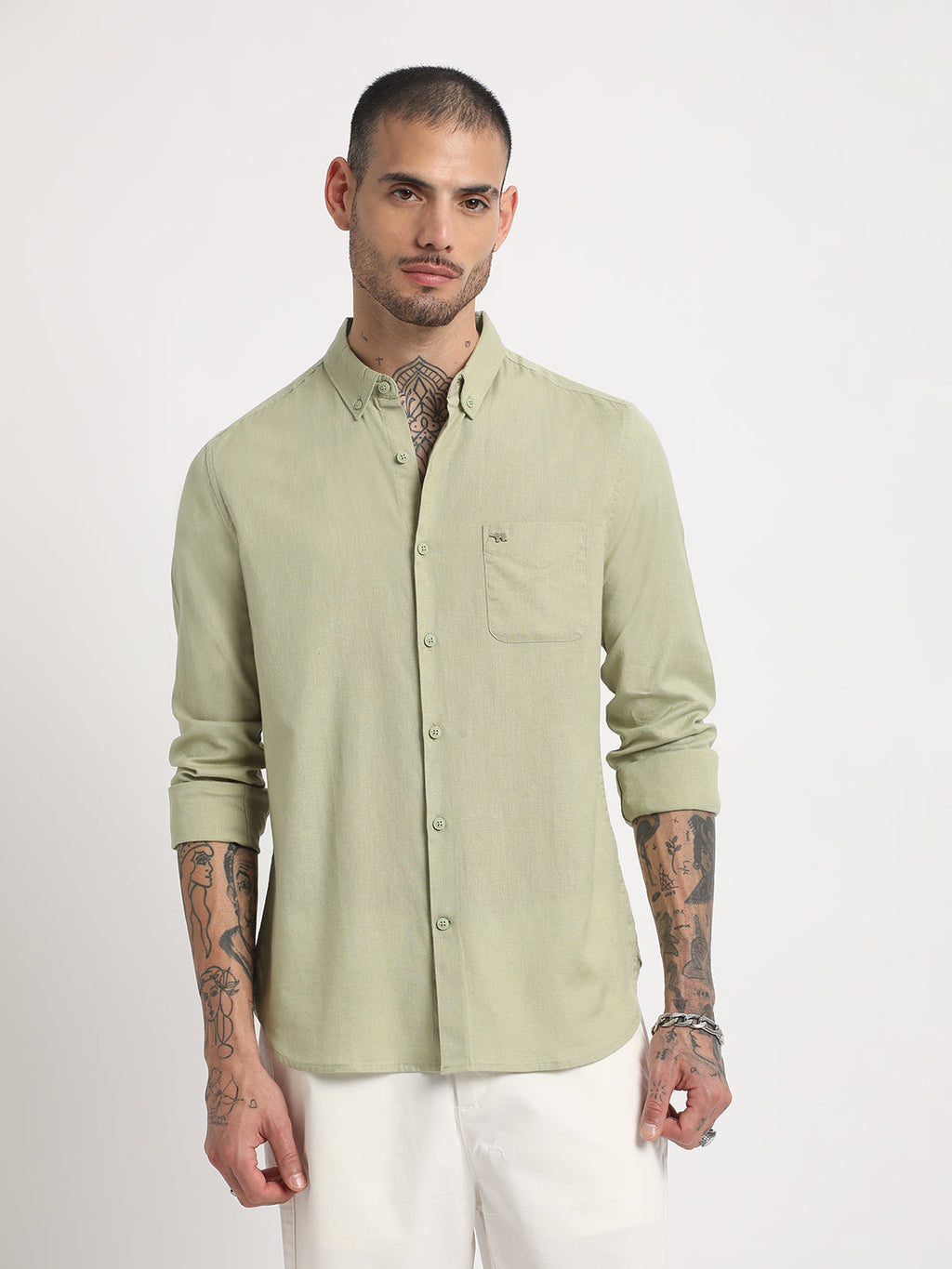 Laredo - Men Green Solid Slim Fit Cotton Linen Casual Shirt