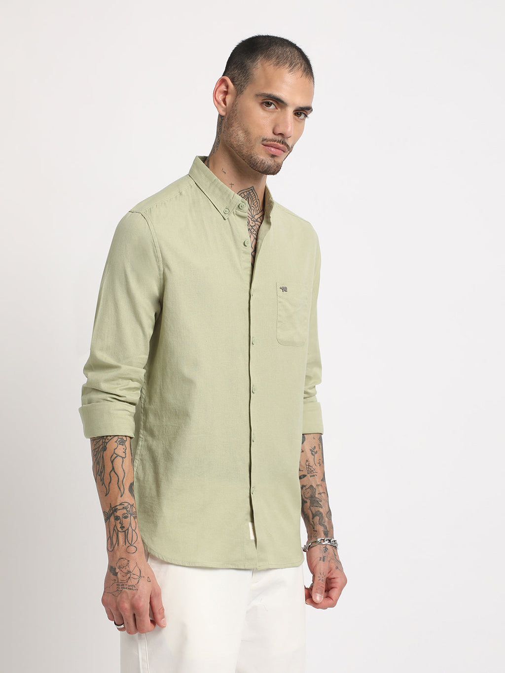 Laredo - Men Green Solid Slim Fit Cotton Linen Casual Shirt