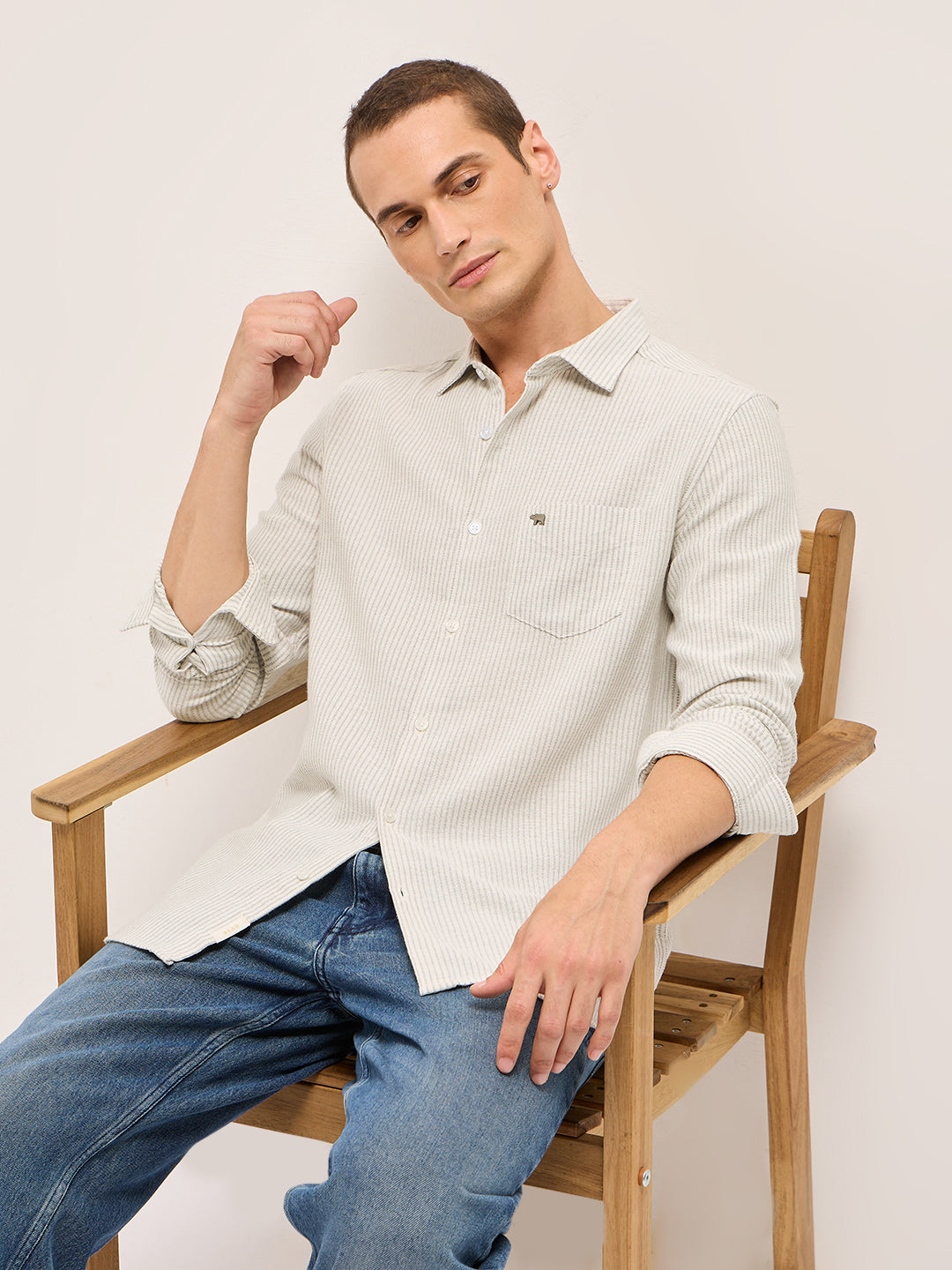 LOFOI - Grey Slim Fit Woven Pinstripe Casual Shirt