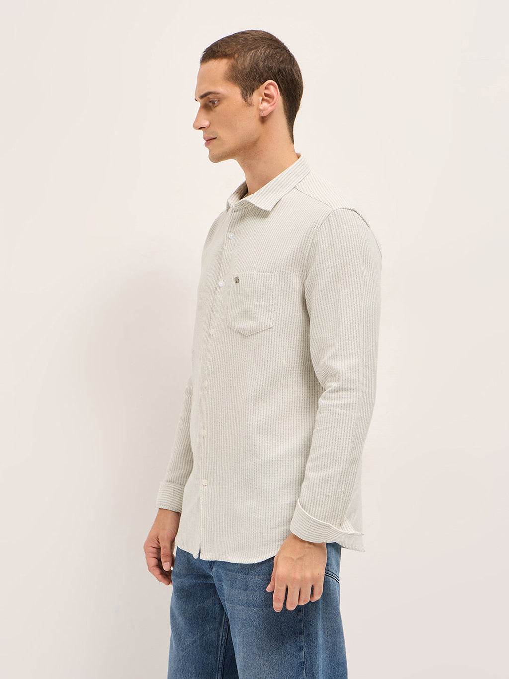 LOFOI - Grey Slim Fit Woven Pinstripe Casual Shirt