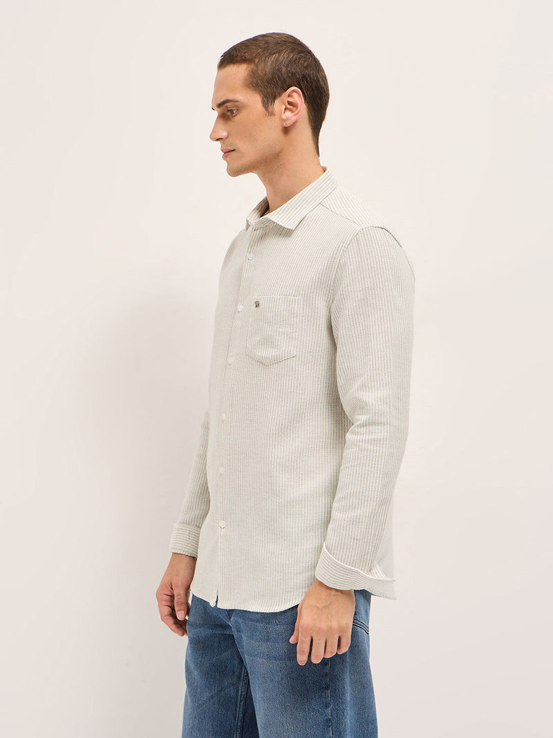 LOFOI - Grey Slim Fit Woven Pinstripe Casual Shirt
