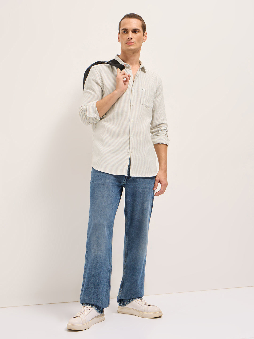 LOFOI - Grey Slim Fit Woven Pinstripe Casual Shirt