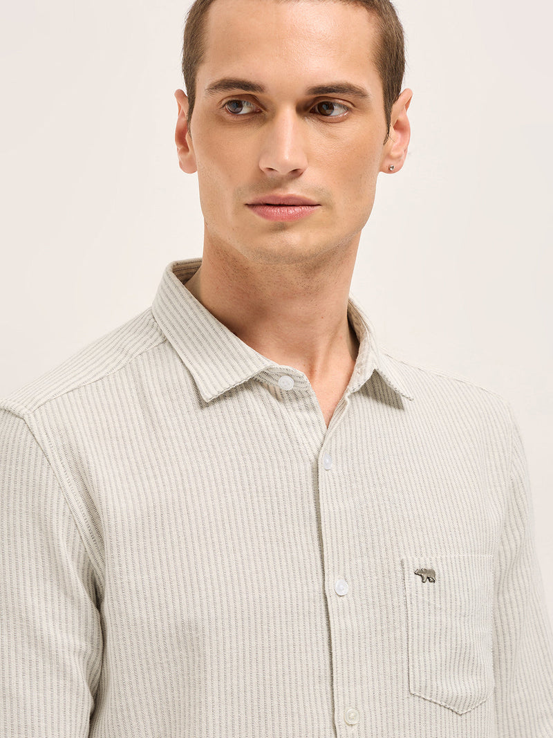 LOFOI - Grey Slim Fit Woven Pinstripe Casual Shirt