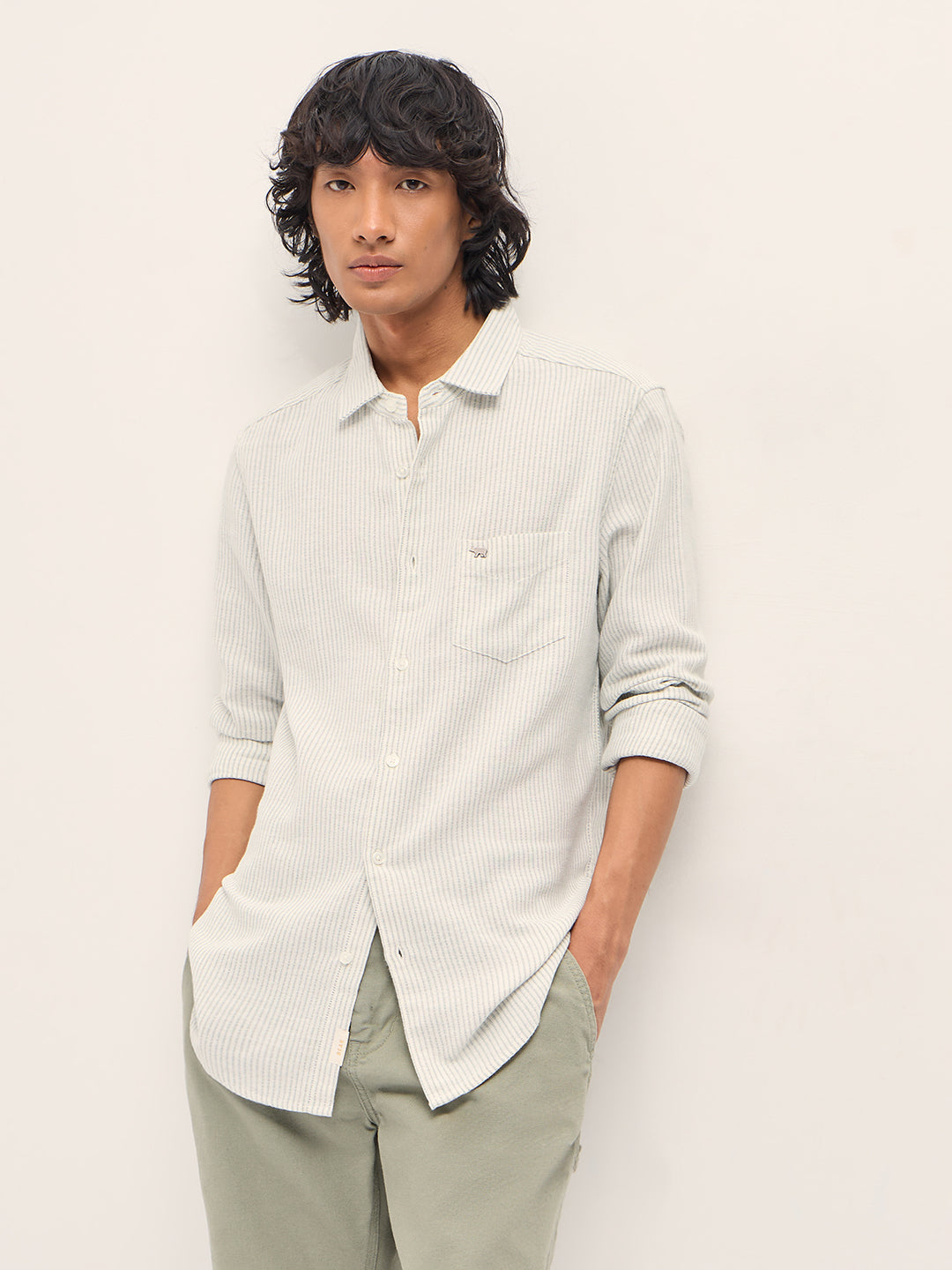 NILEA - Grey Slim Fit Woven Pinstripe Casual Shirt