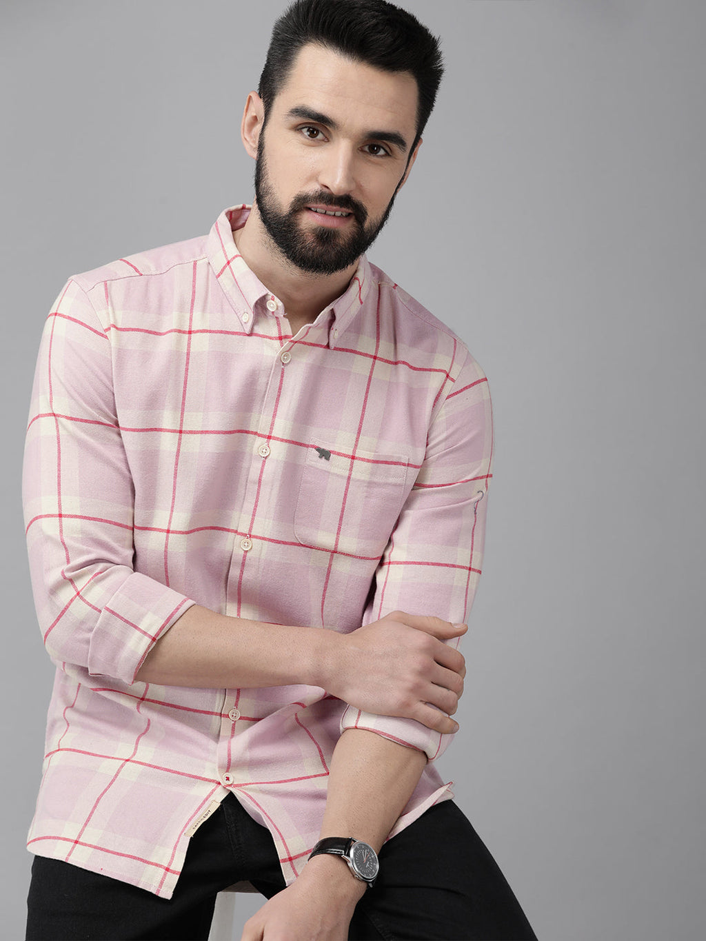 Ninfa - Men Pink & Beige Slim Fit Checked Cotton Flannel Shirt