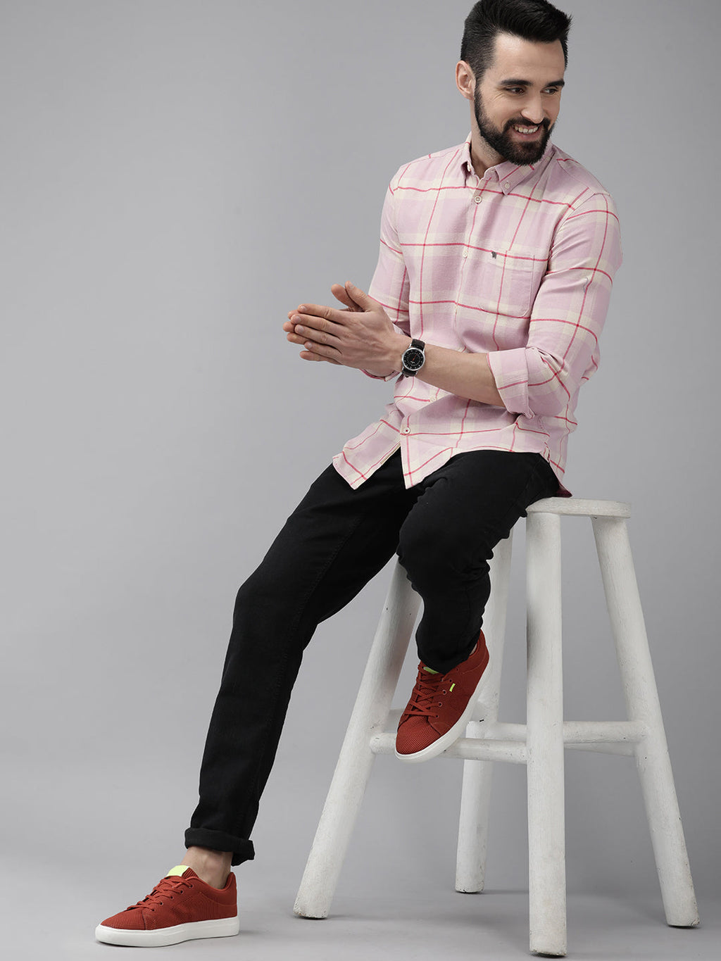 Ninfa - Men Pink & Beige Slim Fit Checked Cotton Flannel Shirt