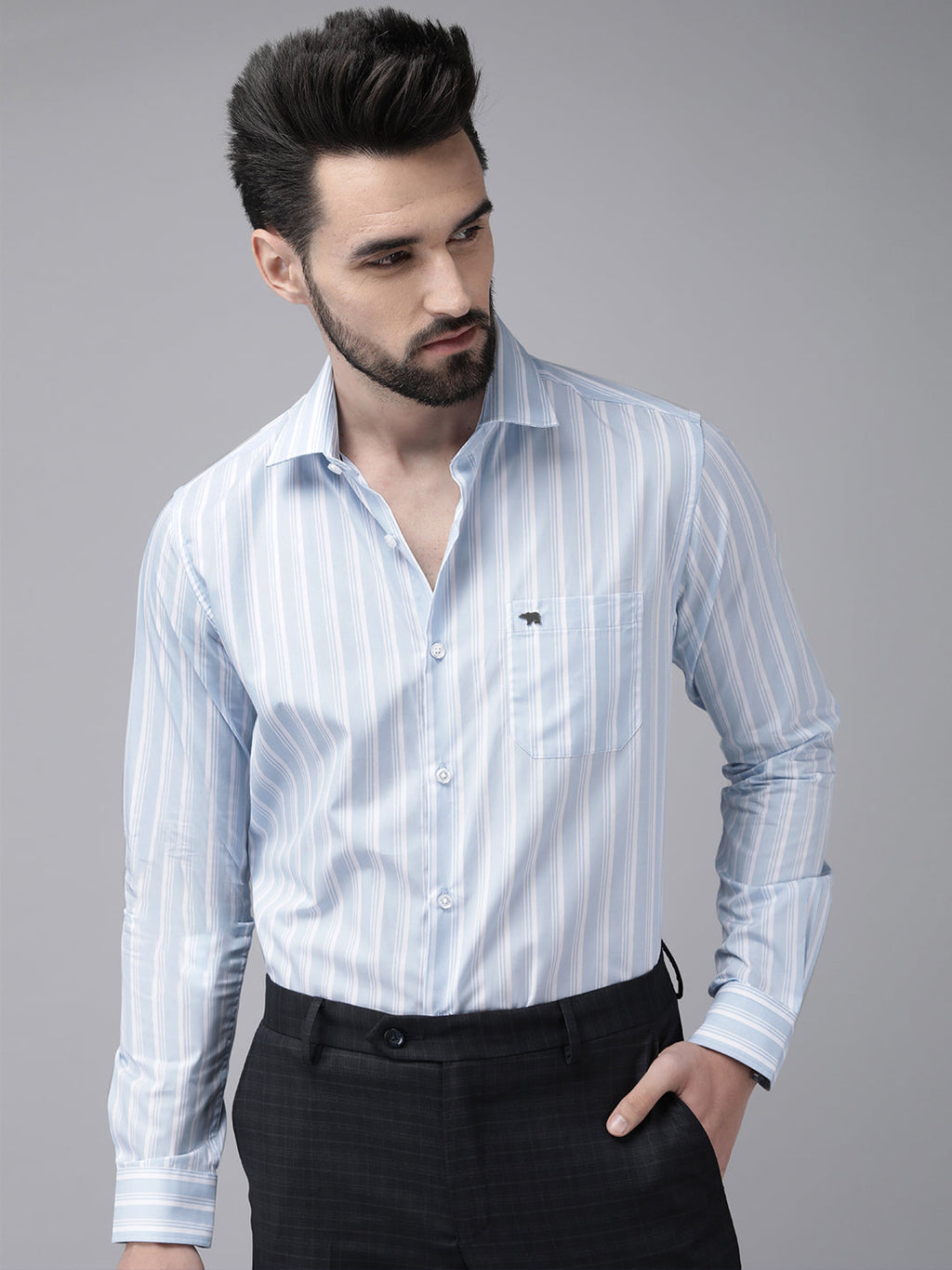 Octo - Men Blue Striped Tailored Fit Cotton Formal Shirt