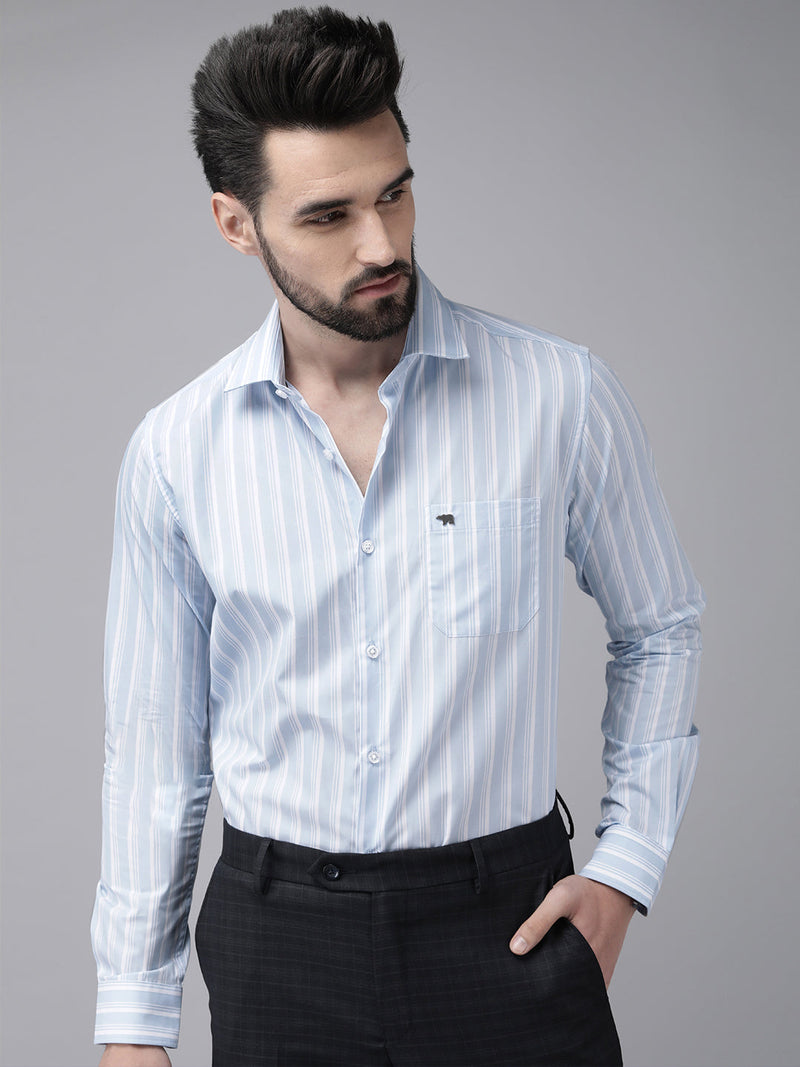 Octo - Men Blue Striped Tailored Fit Cotton Formal Shirt