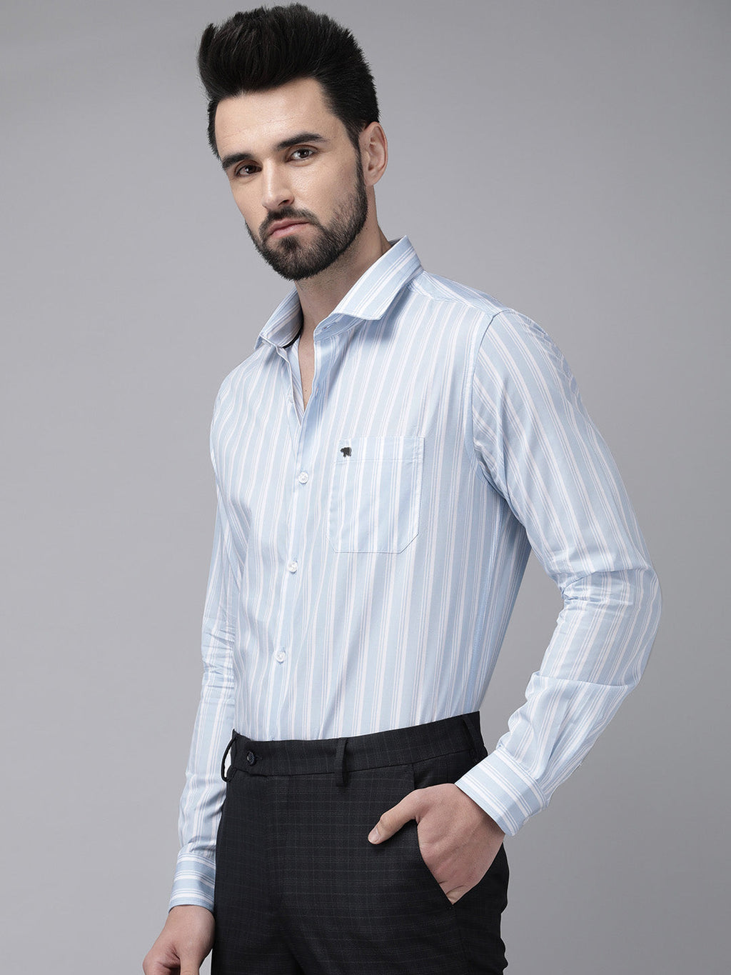 Octo - Men Blue Striped Tailored Fit Cotton Formal Shirt