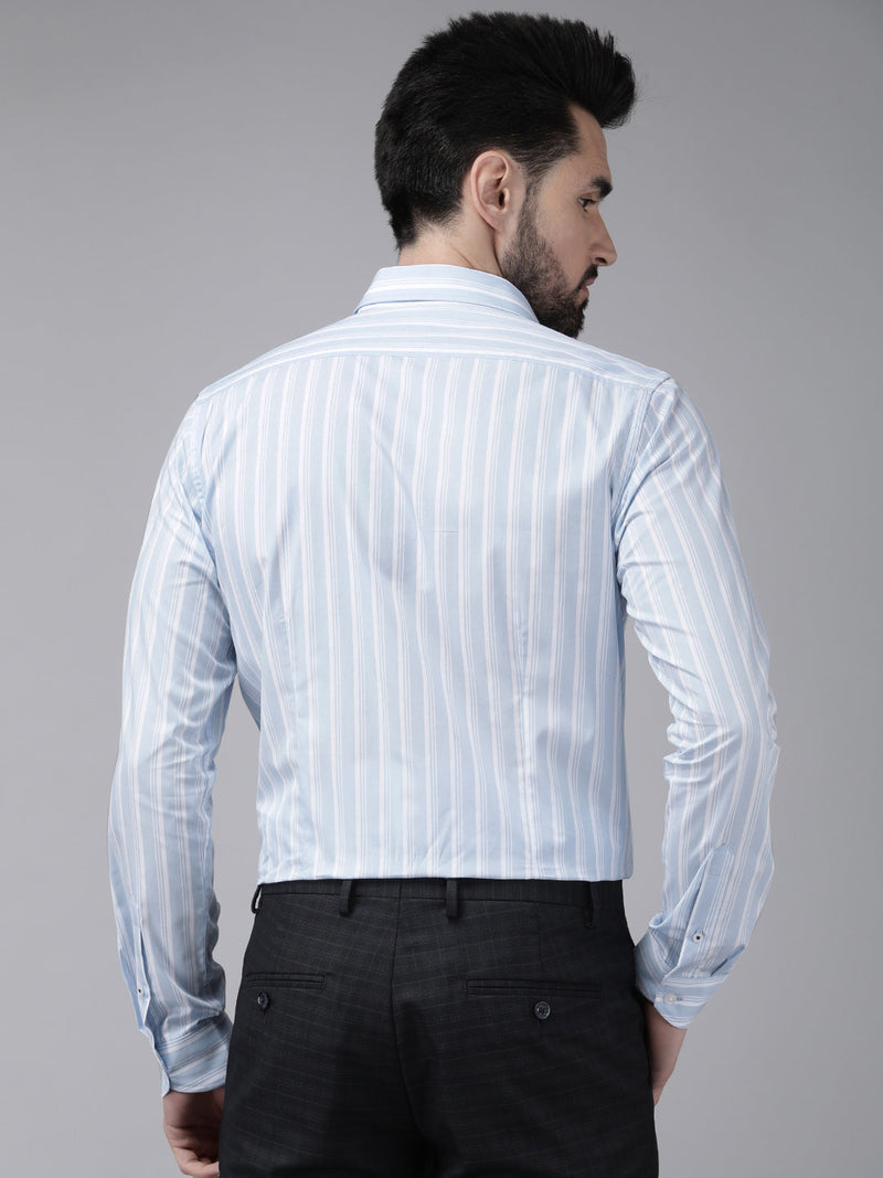 Octo - Men Blue Striped Tailored Fit Cotton Formal Shirt