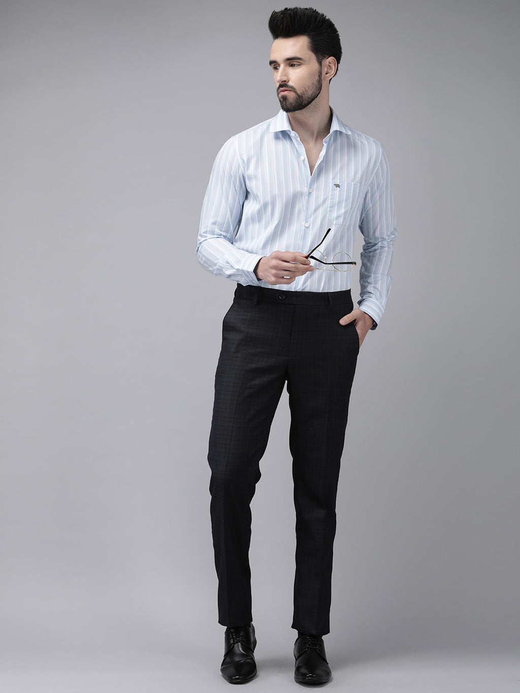 Octo - Men Blue Striped Tailored Fit Cotton Formal Shirt