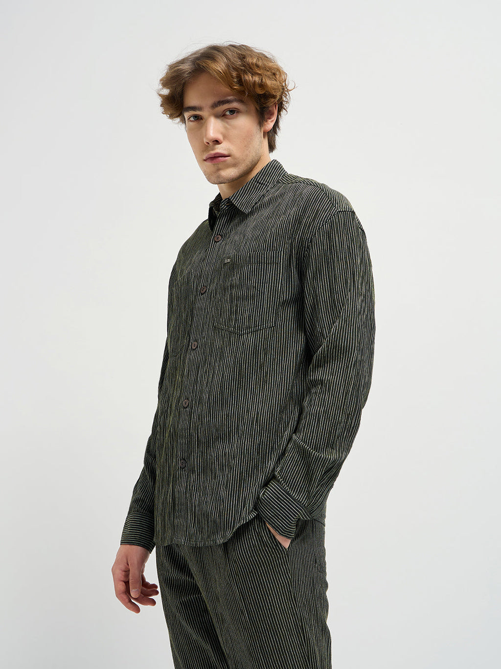 OLGO - Green Pinstripes Regular Fit Casual Shirt