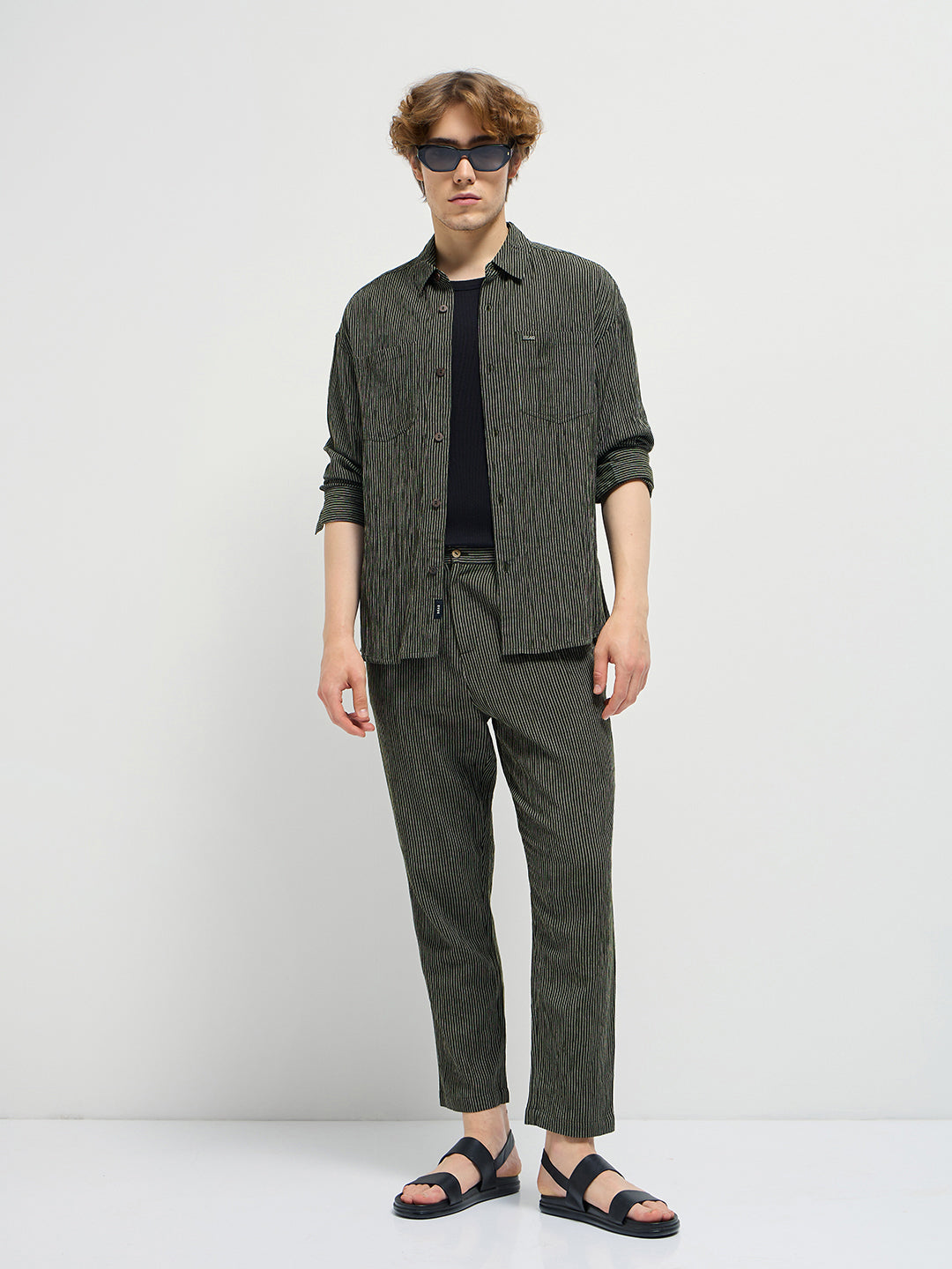 OLGO - Green Pinstripes Regular Fit Casual Shirt