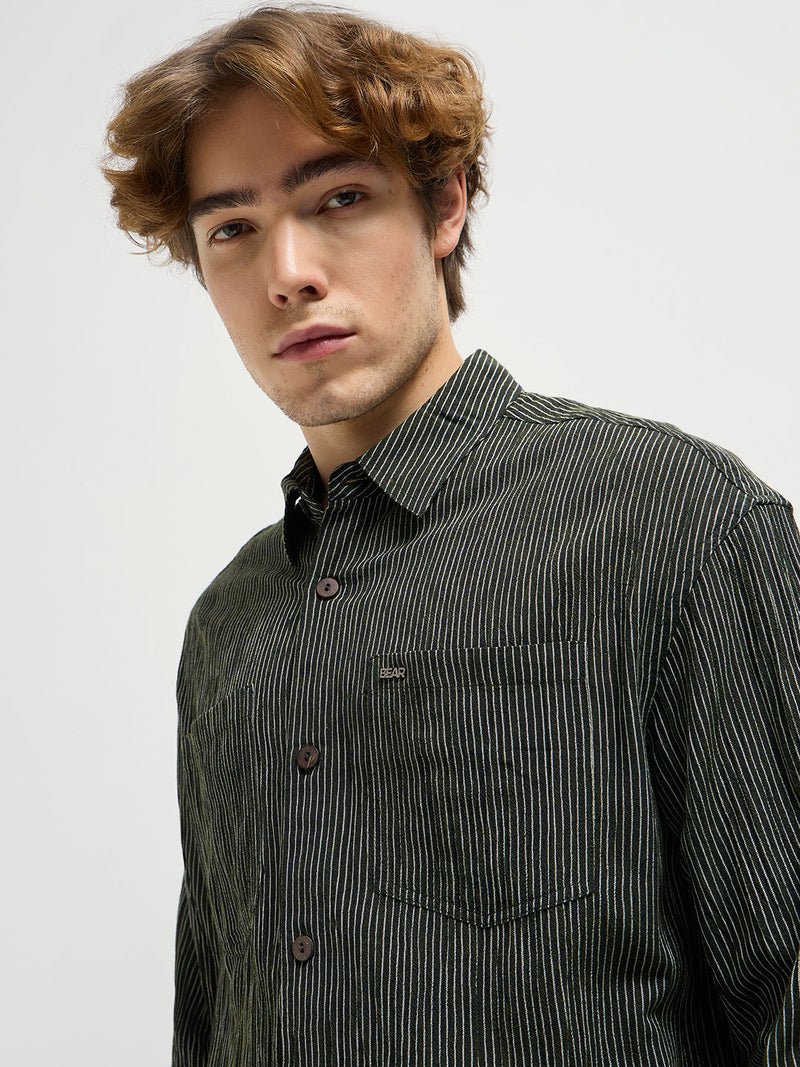 OLGO - Green Pinstripes Regular Fit Casual Shirt