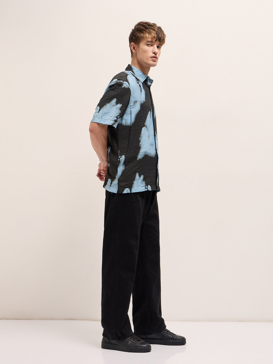 ONIC - Black with Sky Blue Abstract Digital Print Relax Fit Casual Shirt