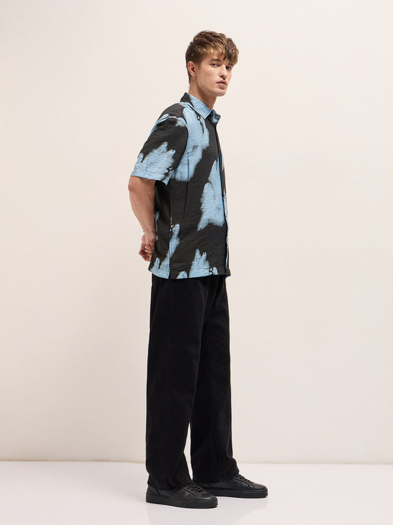 ONIC - Black with Sky Blue Abstract Digital Print Relax Fit Casual Shirt