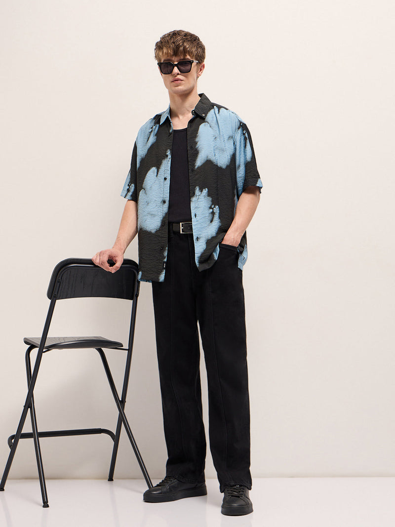 ONIC - Black with Sky Blue Abstract Digital Print Relax Fit Casual Shirt