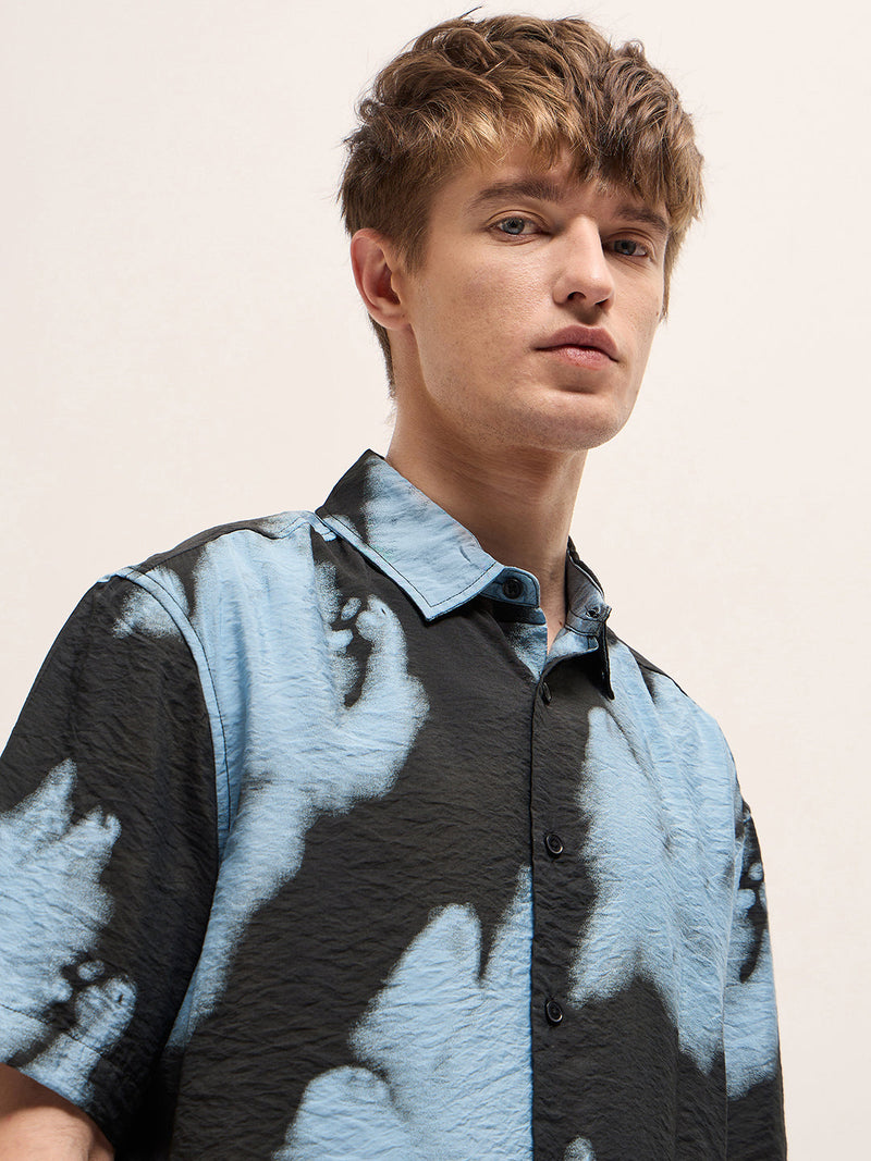 ONIC - Black with Sky Blue Abstract Digital Print Relax Fit Casual Shirt