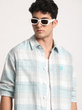 Otros - Men Blue Checked Relaxed Cotton Casual Shacket