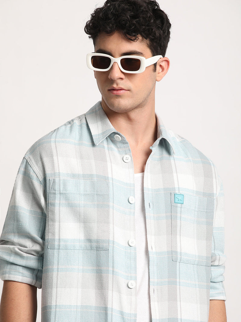 Otros - Men Blue Checked Relaxed Cotton Casual Shacket