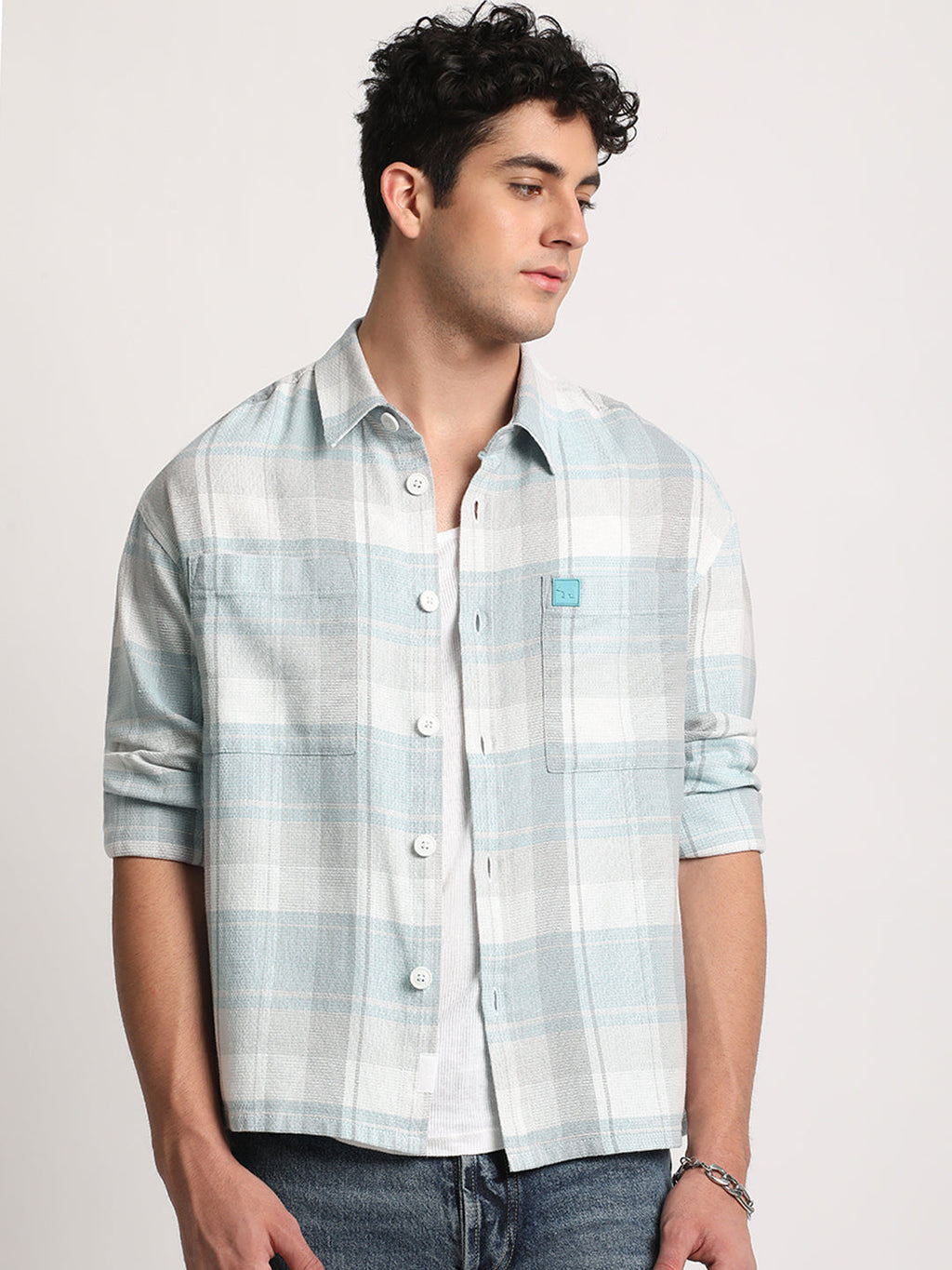Otros - Men Blue Checked Relaxed Cotton Casual Shacket
