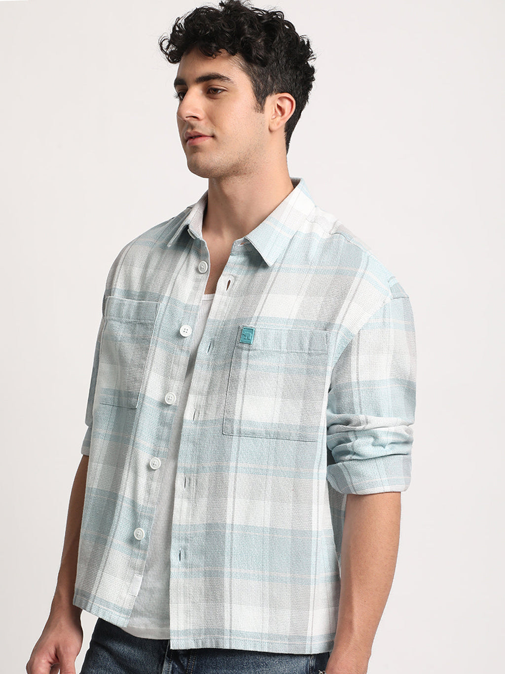 Otros - Men Blue Checked Relaxed Cotton Casual Shacket