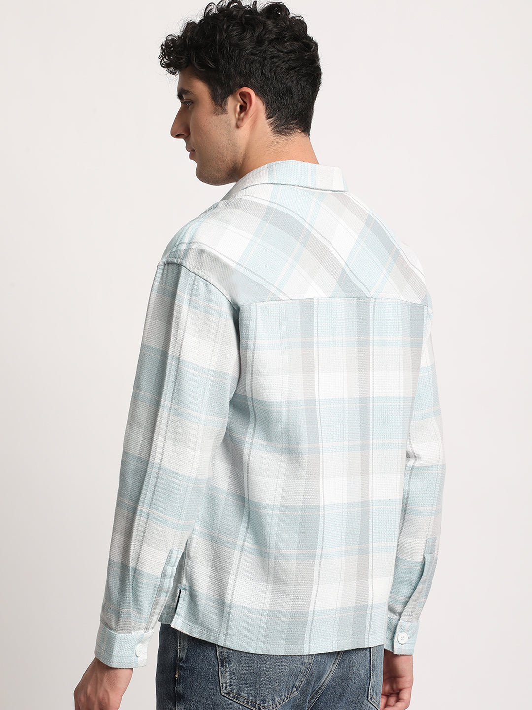 Otros - Men Blue Checked Relaxed Cotton Casual Shacket
