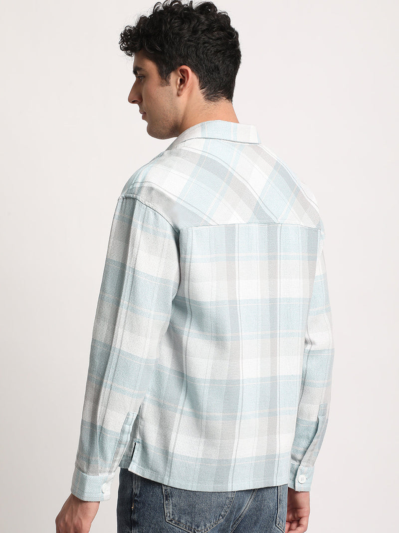 Otros - Men Blue Checked Relaxed Cotton Casual Shacket