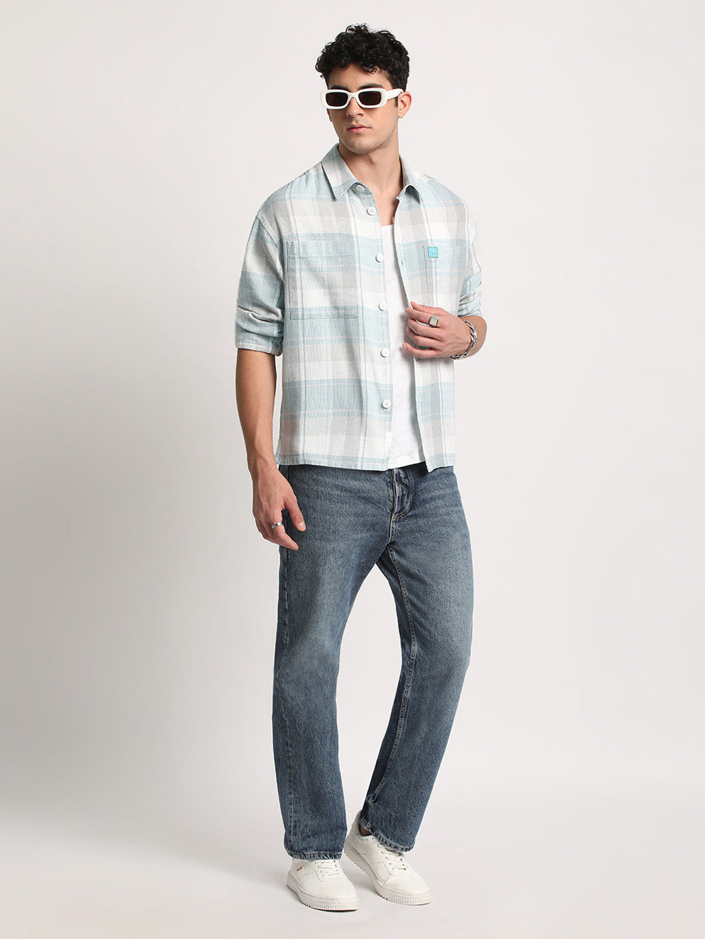 Otros - Men Blue Checked Relaxed Cotton Casual Shacket