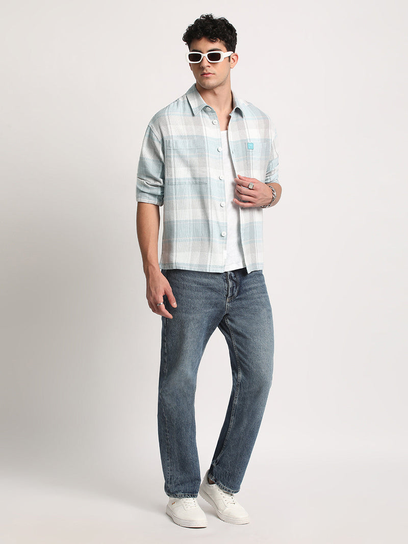 Otros - Men Blue Checked Relaxed Cotton Casual Shacket