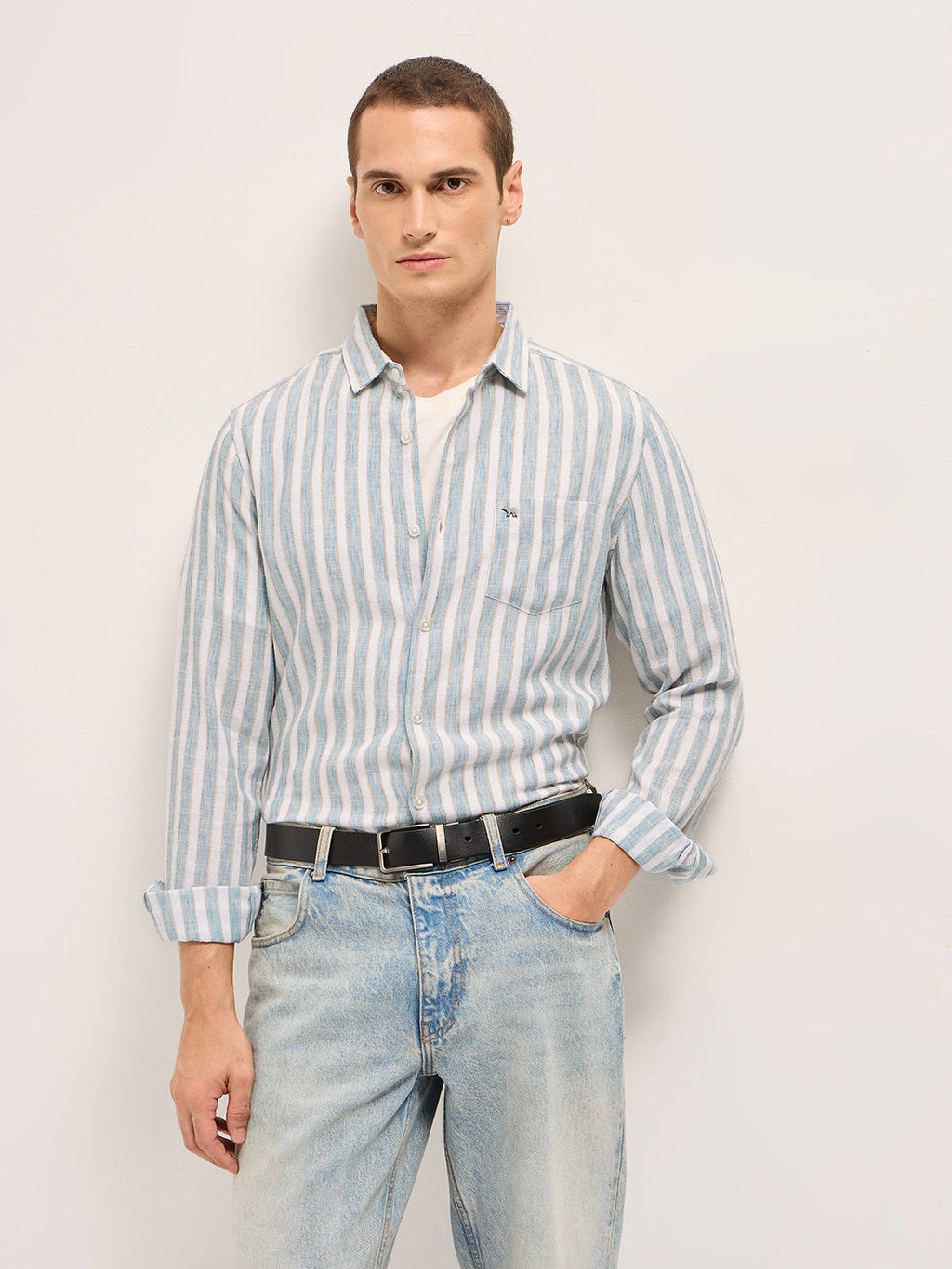 OUZO - Blue Slim Fit Casual Shirt with White Vertical Textured Stripes
