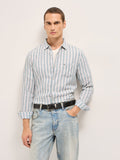 OUZO - Blue Slim Fit Casual Shirt with White Vertical Textured Stripes