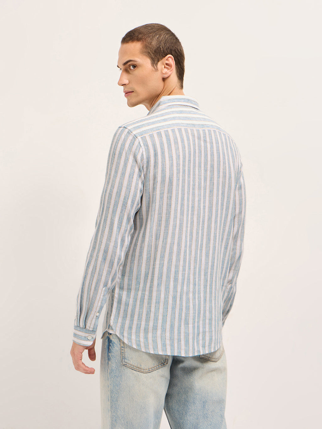 OUZO - Blue Slim Fit Casual Shirt with White Vertical Textured Stripes
