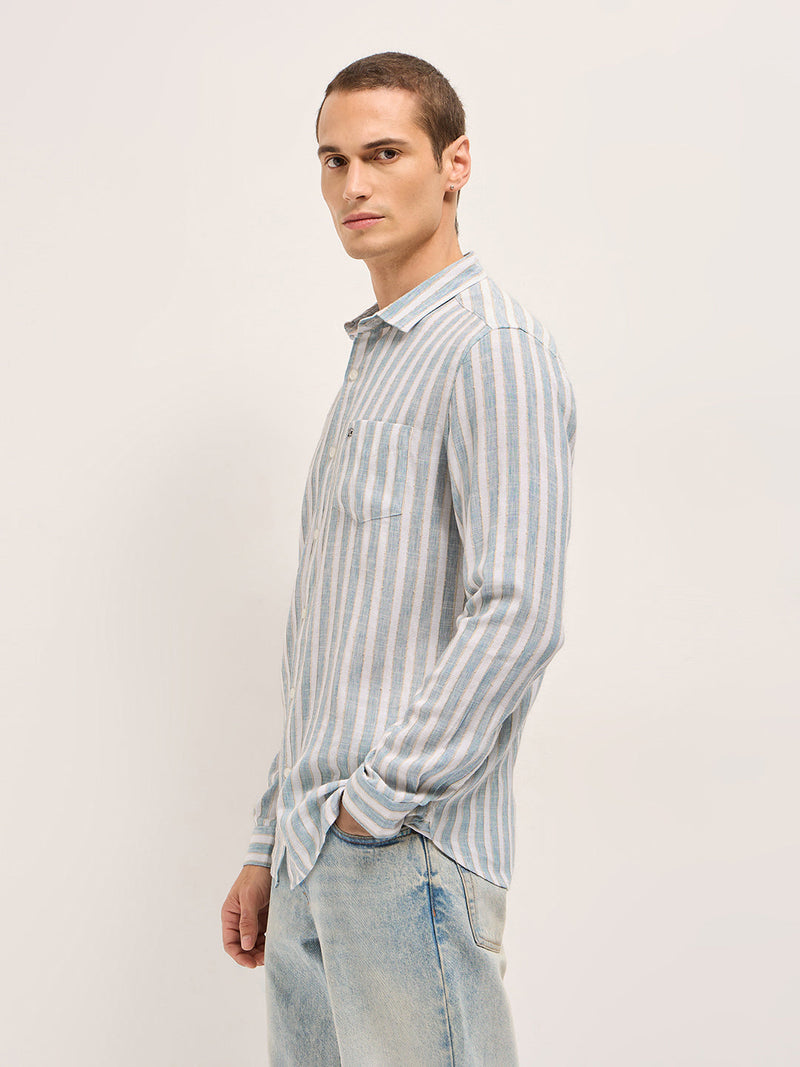 OUZO - Blue Slim Fit Casual Shirt with White Vertical Textured Stripes