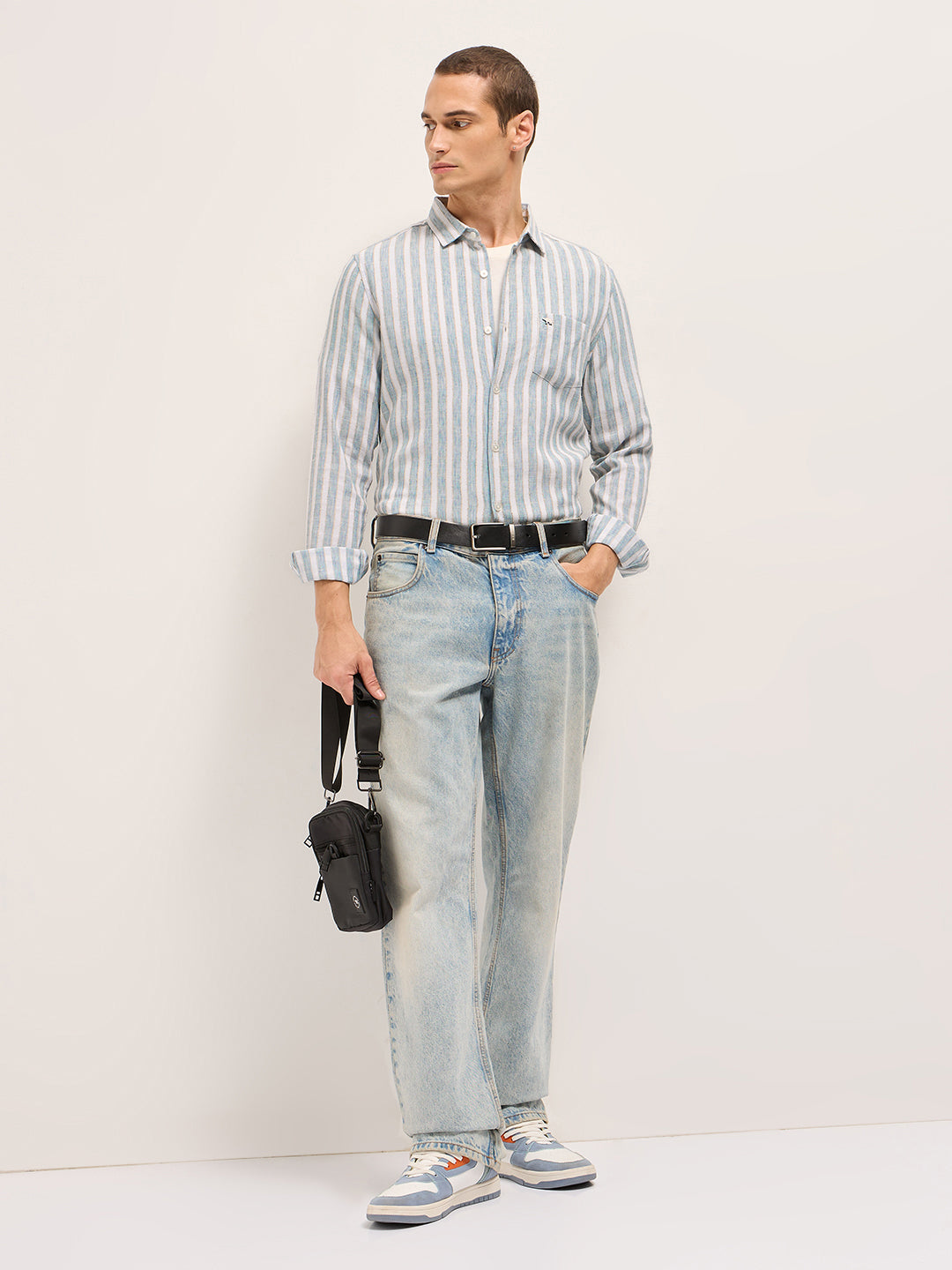OUZO - Blue Slim Fit Casual Shirt with White Vertical Textured Stripes
