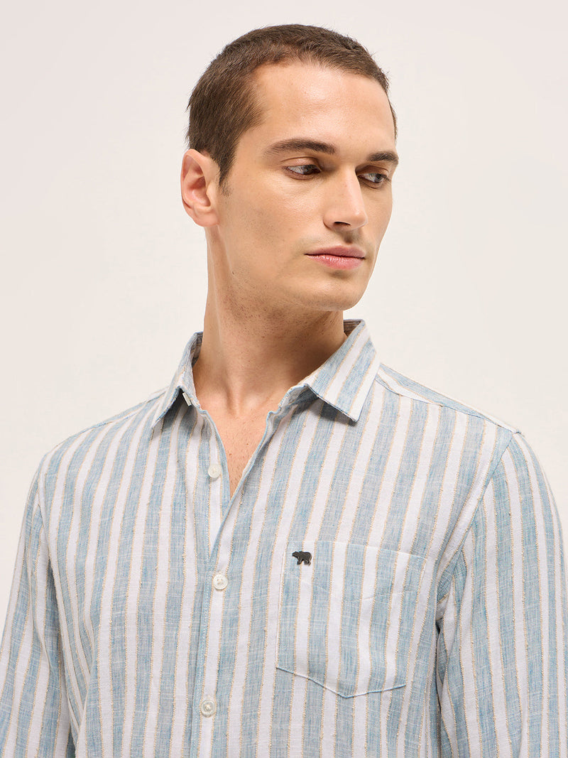 OUZO - Blue Slim Fit Casual Shirt with White Vertical Textured Stripes
