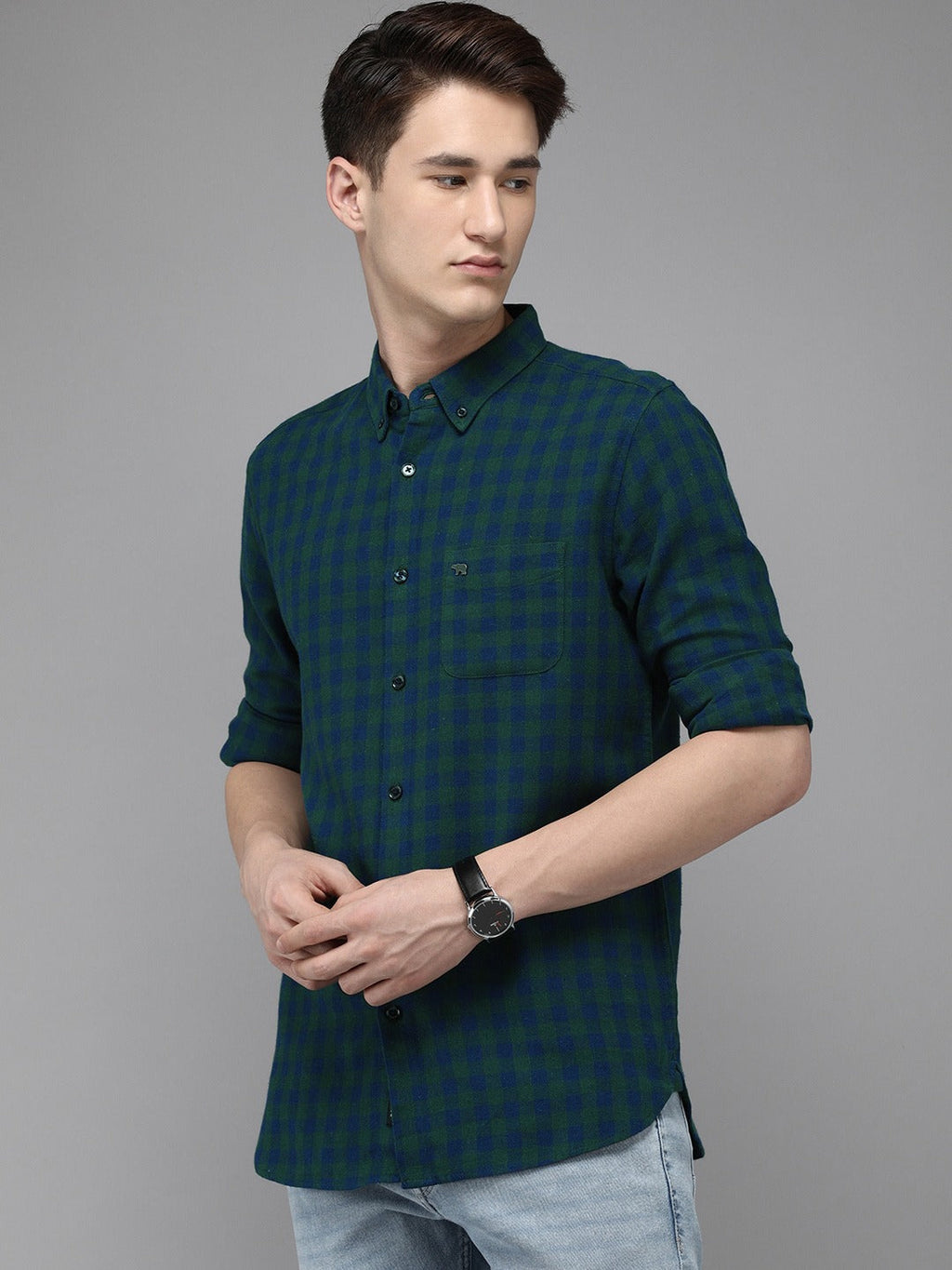 Paltz - Men Blue & Green Checked Slim Fit Flannel Cotton Casual Shirt