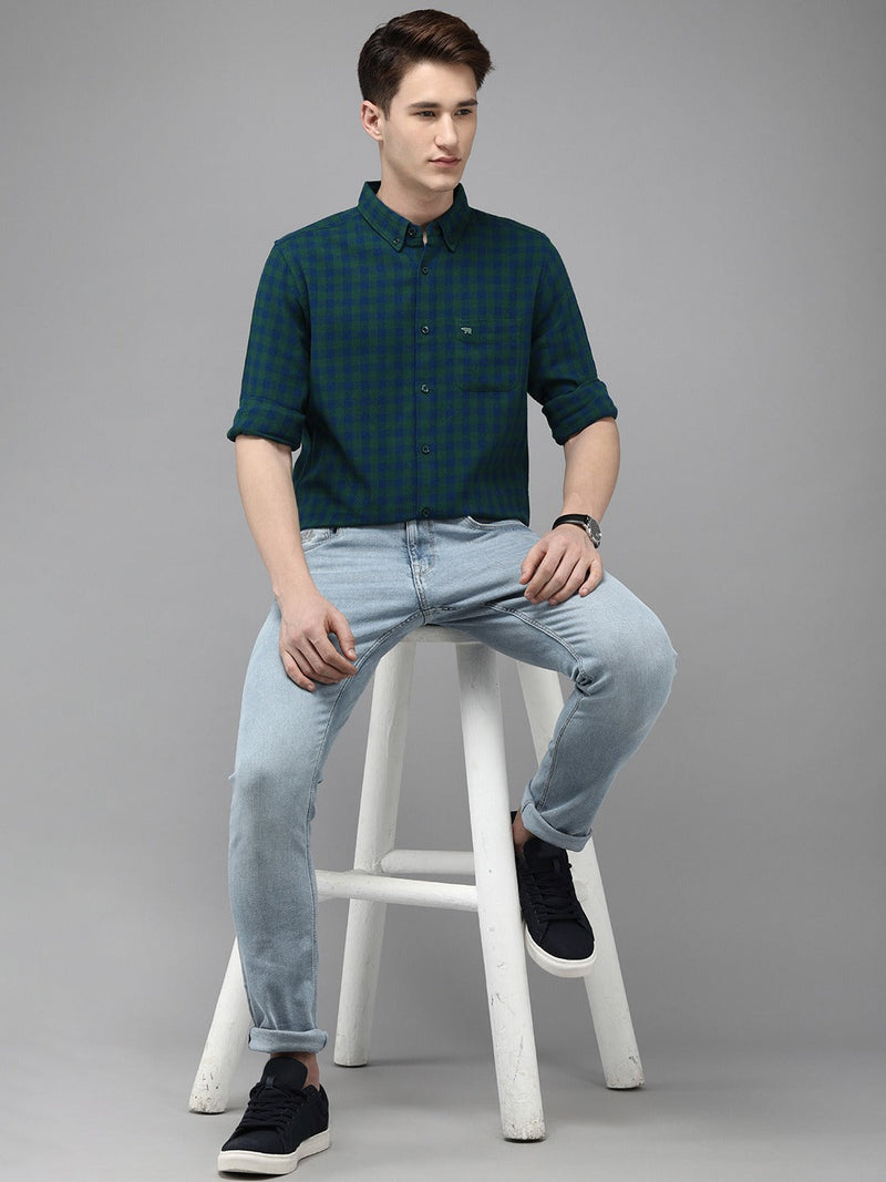 Paltz - Men Blue & Green Checked Slim Fit Flannel Cotton Casual Shirt