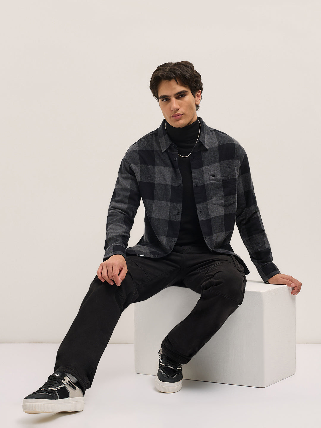 PENK - Black with Grey Block Check Relax Fit Overshirt
