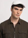 Pher - Men Olive Solid Slim Fit Cotton Casual Shirt