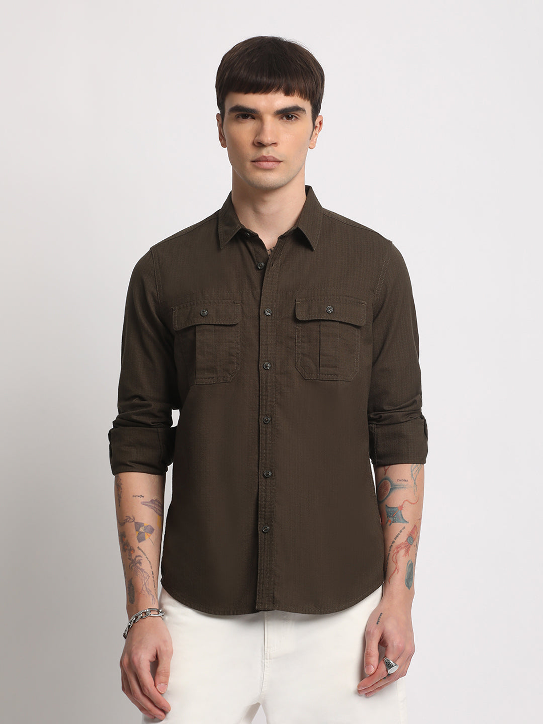 Pher - Men Olive Solid Slim Fit Cotton Casual Shirt
