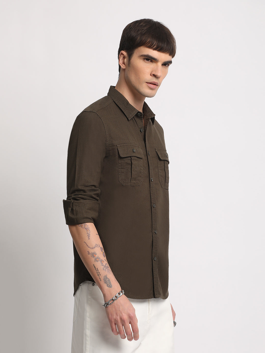 Pher - Men Olive Solid Slim Fit Cotton Casual Shirt