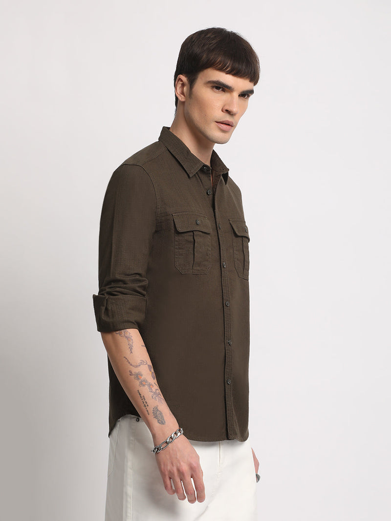 Pher - Men Olive Solid Slim Fit Cotton Casual Shirt