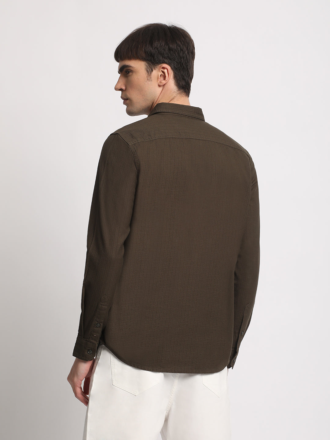Pher - Men Olive Solid Slim Fit Cotton Casual Shirt