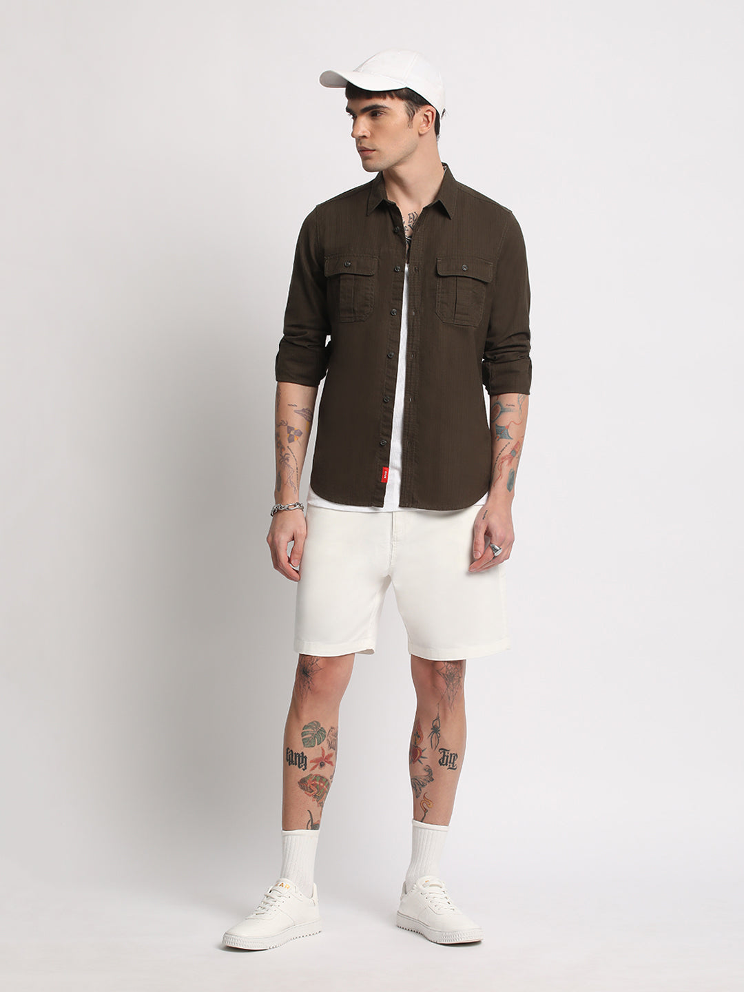 Pher - Men Olive Solid Slim Fit Cotton Casual Shirt
