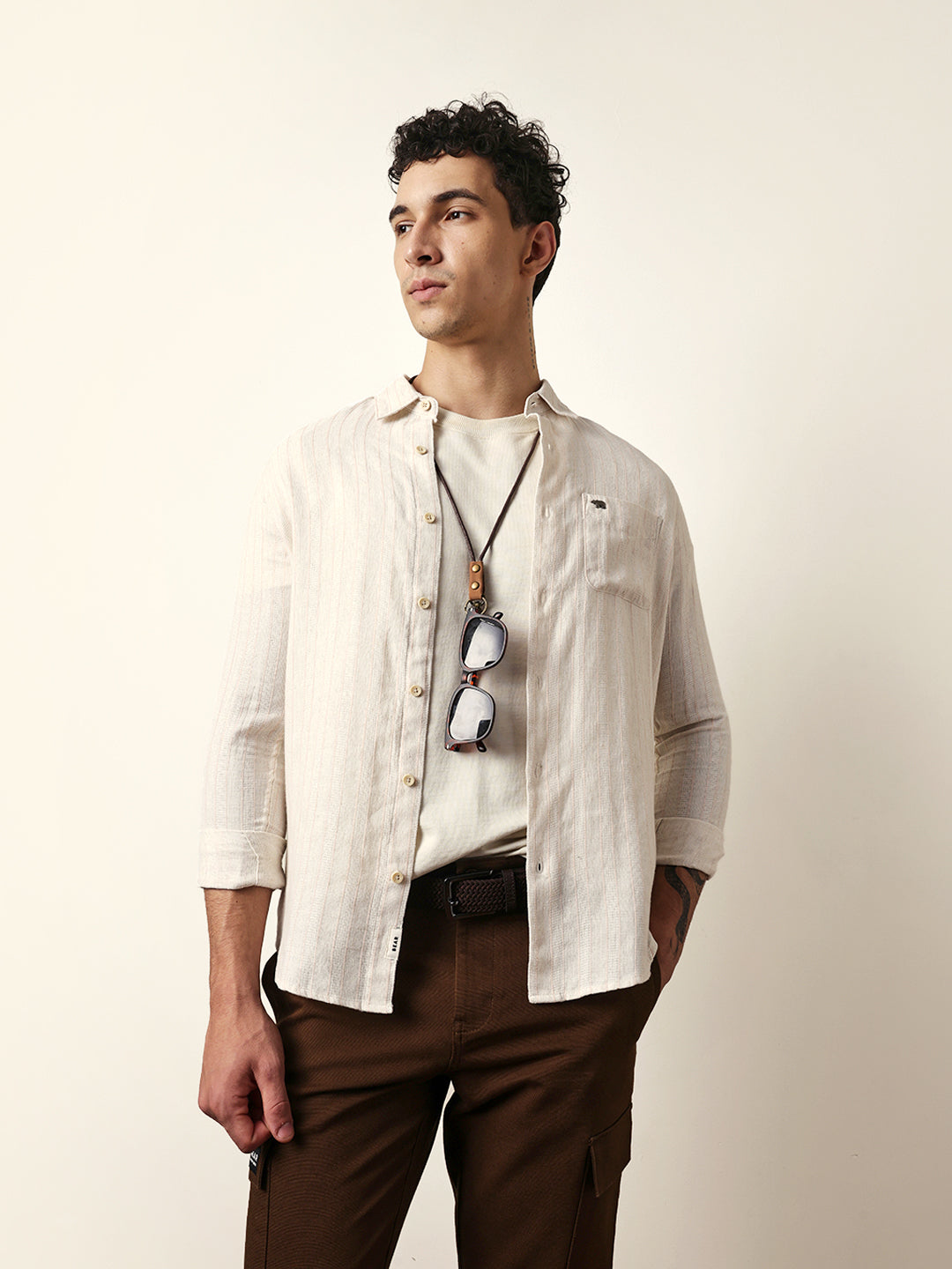 QUIZ - Cream Vertical Woven Stripe Slim Fit Casual Shirt